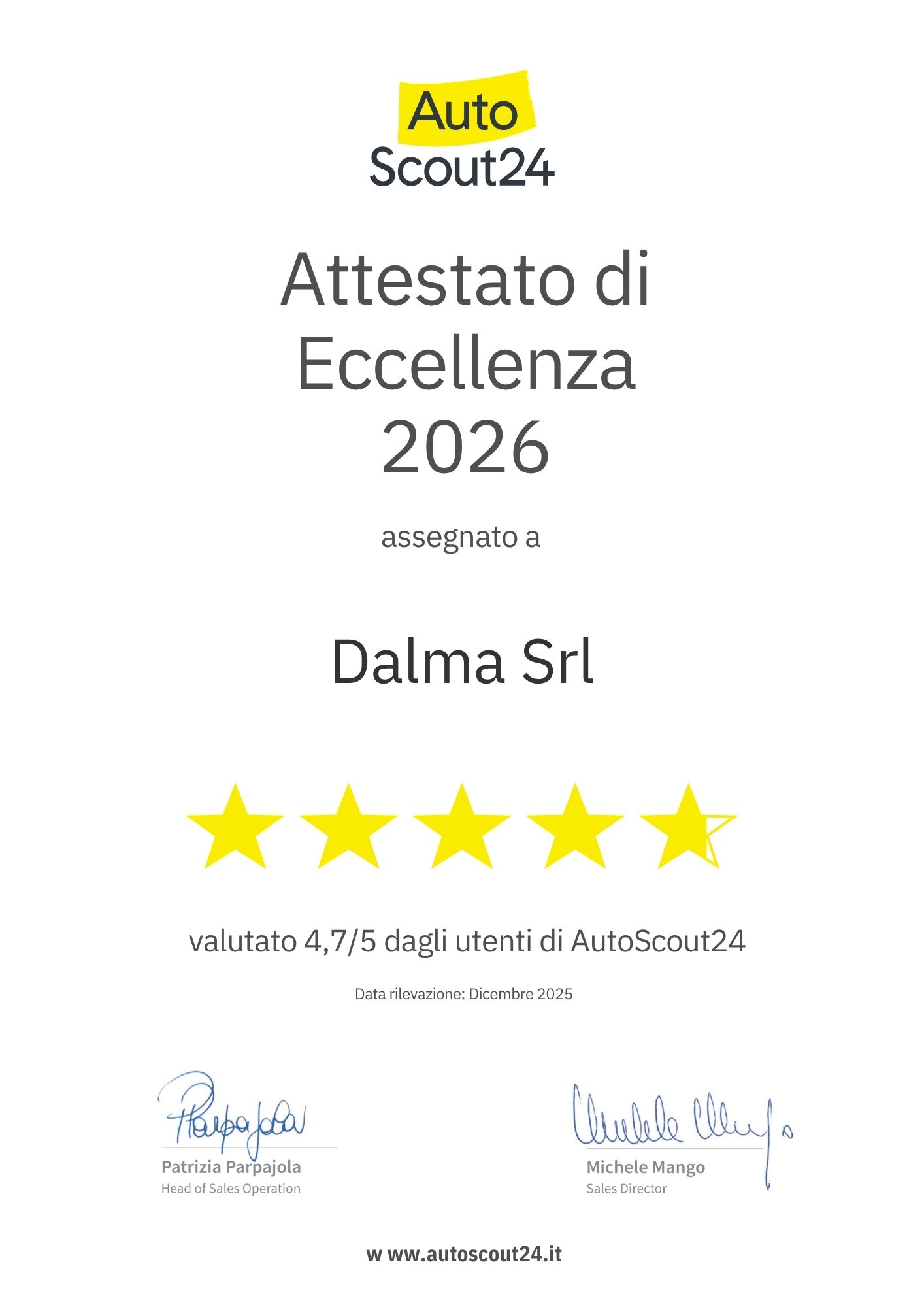 Attestato di Eccellenza Dalma